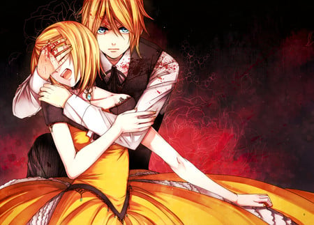 Kagamine Rin & Len - pretty, kagamine len, rin, yellow hair, nice, len, program, formal, beauty, virtual, cute, aqua eyes, song, sexy, bow, blood, vocaloid, anime, yellow, dress, music, aqua, kagamine rin, red, idol, anime girl, kagamine, beautiful, singer, girl, cool, suit, black, necklace, awesome, diva, vocaloids