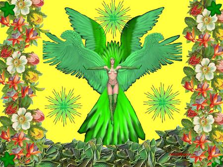 Goddess Of Light - 3d, light, wings, green, flowers, goddess, other