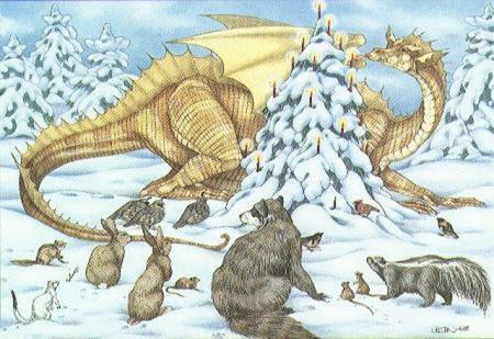 Animal Christmas - animal, dragon, tree, fantasy, christmas