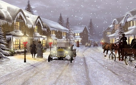 HOME FOR THE HOLIDAYS - village, cars, winter, people, lights, snow