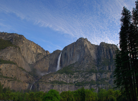 Yosemite Falls, First Light - sky, trees, blue, green, mountains, waterfall