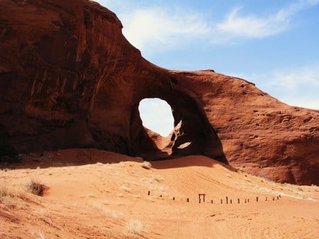 Winds Ear - beige, blue, brown, rock, erosion, wind shaped, wind, layers, hole, sky