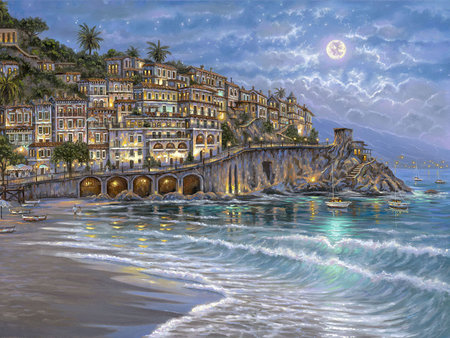 Robert_Finale_art_paintings_StarryNight - beaches, villa, moons, coast, art, moonlight, boats, cities, light, attrations, nature, beautiful, starry night, sea, drawings, sky, beach, travels, places, rocks, creative pre-made, oceans, painting, robert finale, paintings, amalfi, getaways, cliffs, moon, ocean, houses, night, wave, luxury, love four seasons, scenery, mediterranean sea, grandly, colors, all season, breeze, paing