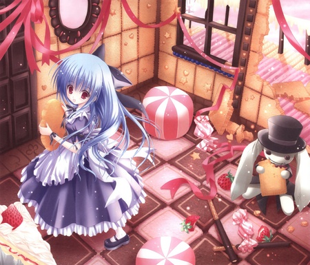 candy land - house, blue hair, dress, girl, blue dress, sweets, long hair, candy