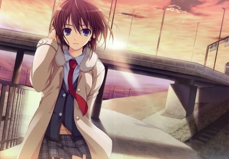 standing in front of the bridge - tie, girl, cute, anime