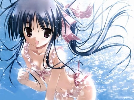 tinkle - dark hair, ribbons, swimsuit, water, long hair, sparkles, tinkle, loli