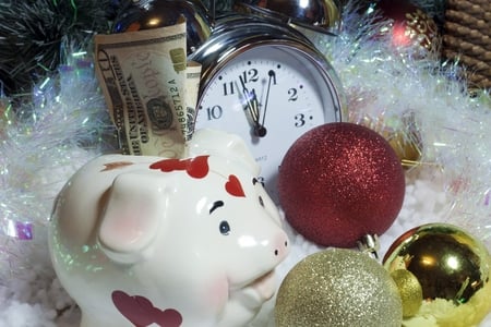 Happy New Year - money, white, decoration, christmas balls, red, nice, gold, clock