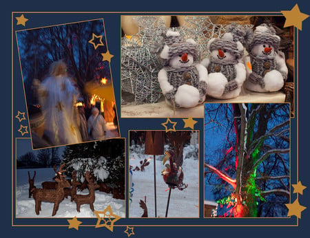 Merry Christmas - snowmans, collage, angel, deers, 5 photos, beautiful, winter, christmas decoration