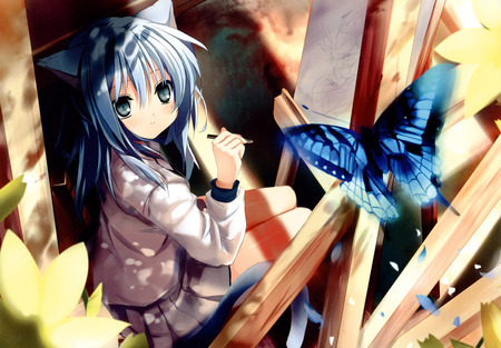 Neko Girl drawing Blue Butterfly