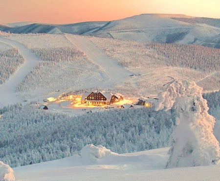 Little valley village - village, trees, winter, lights, snow, mountains