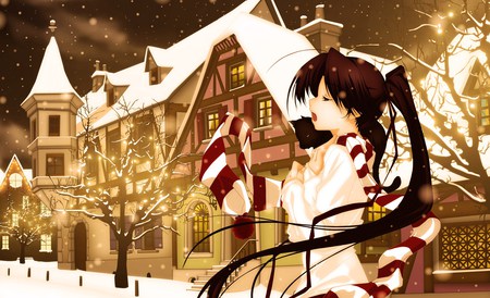 Anime Christmas - house, christmas, christmas lights, anime, twintails, girl, snow, scraf