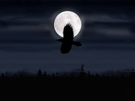 Raven Above Moon - crow, bird, darkness, raven