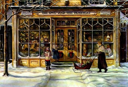 Window Shopping - sleigh, winter, store, snow, christmas, boy, christmas tree, holiday, woman