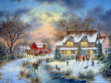 Winter Fun - clouds, trees, winter, people, pond, snow, christmas, wreaths, barn