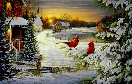 Cardinal's Christmas - house, trees, birds, winter, snow, church, cardinals, christmas, wreath, sunset, holiday