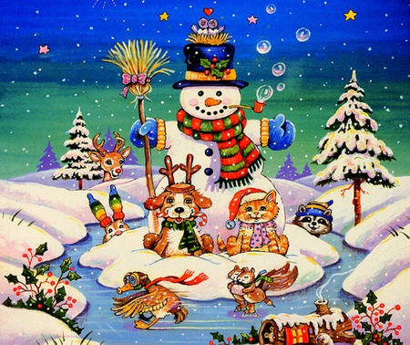 Merry Christmas To All On DN - christmas, trees, snowman, heart, holiday, pond, snow, animals