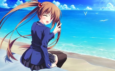 Peace at the Beach - nice, beauty, sky, beach, thighhighs, twintail, blue sky, anime girl, unfiorm, brown hair, pretty, cool, clouds, white clouds, anime, sand, cute, ocean, skirt, school, peace, school uniform, blue, beautiful, awesome, uniform, sea