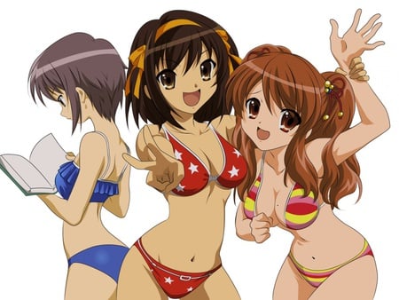 Bikini Suzumiya Haruhi - suzumiya haruhi, female, swim suit, asahina mikuru, brown hair, series, bikini, suzumiya haruhi no yuuutsu, nagato yuki, three girls, friends, trio, character