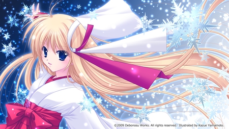 Beauty - anime girl, winter, beautiful, hot, blonde hair, beauty, kimono, shrine maiden, snow flakes, snow petals, cute, sexy