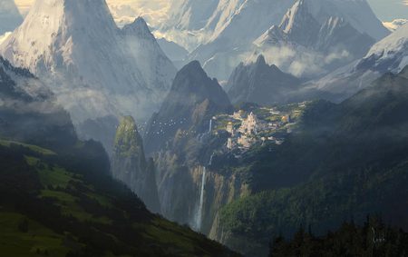 Overview - art, waterfall, mountain, castle