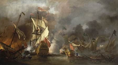 Ships at War - battered, smoke, water, ships, escape, fight, flag, war, grey, battle, sails