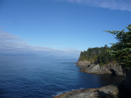 Cape Flattery - trees, water, blue, cape, ocean, view, distance, waves, mountains, rocks