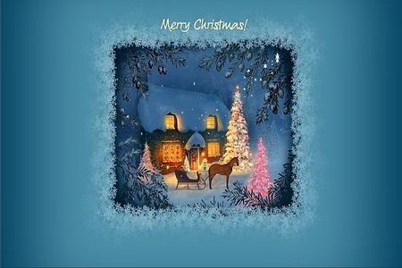 Merry Christmas - buggy, horse, merry christmas, snow, tree, house, lights, christas