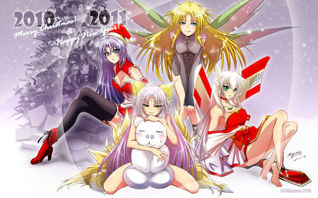 elf Christmas - christmas, elfs, tress, wings, blonde hair, pink hair, purple hair