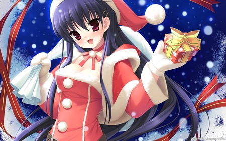 Christmas Time - dark hair, christmas, cute, snow, red santa suit, long hair, red eyes, ribbons