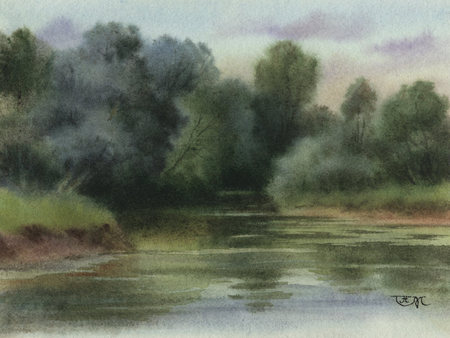 Trees on the riverside - landscape, river, tree, painting, nature, art