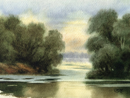 Thoughtful mood - lake, water, tree, painting, nature, art