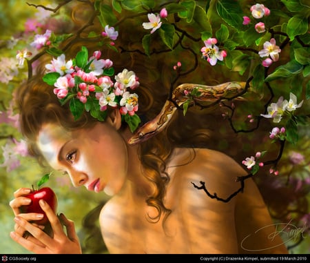 Temptation Of Eve - woman, eden, apple, eve, flower