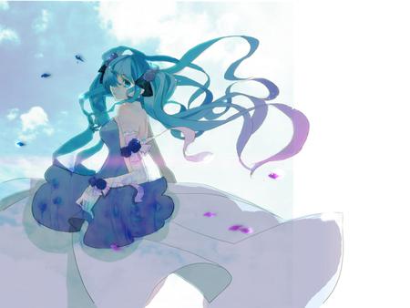 Hatsune Miku - aqua, hot, music, anime girl, white, art, purple, cool, aqua eyes, hatsune miku, sexy, song, vocaloids, program, formal, vocaloid, beautiful, diva, dress, nice, beauty, sky, twintail, singer, blue sky, aqua hair, virtual, painting, pretty, idol, white clouds, clouds, anime, miku, cute, girl, drawing, hatsune, blue, awesome