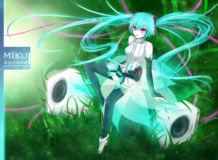 Miku Append - pretty, stage, pink, headphones, name, nice, program, hot, bass, beauty, virtual, red eyes, white, green, cute, aqua eyes, song, sexy, vocaloid, anime, base, twintail, grass, hatsune miku, microphone, music, aqua, idol, anime girl, miku append, beautiful, singer, girl, cool, black, miku, awesome, diva, aqua hair, hatsune, vocaloids, headset