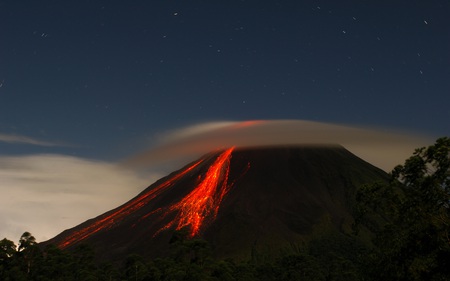 Night Fire - stars, eruption, night, crater, time, forces of, nature, volcano, covered, cloud, lave, beautiful