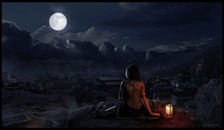 Moon - city, moon, lamp, night