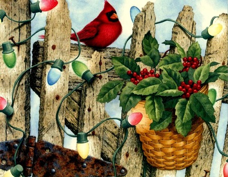 Holiday Red - fence, christmas lights, basket, holly, berries, christmas, bird, cardinal, holiday, lights