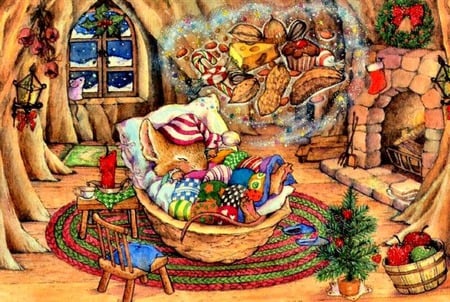 Sweet Dreams - stool, bed, window, fireplace, mouse, wreath, tree, christmas