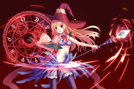 Anime Sorceress - hat, wand, sorceress, anime, magic, book, blonde hair, long hair, red eyes, touhou