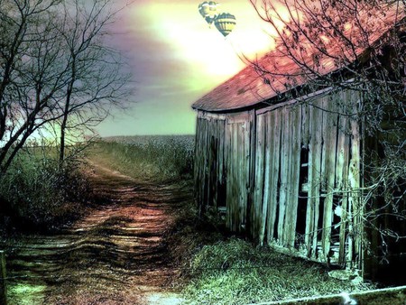 Floating over History - wood, sky, balloons, trees, floating, decay, barn