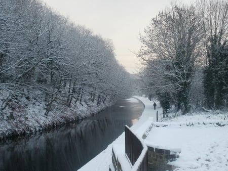 Lone Walk By Frozen Canal - canal, frozen canal, winter walker, winter walk