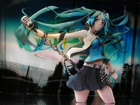 Hatsune Miku - Skyscrapers - virtual, miku, vocaloids, song, microphone, city, cool, headphones, awesome, vocaloid, thighhighs, anime, twintail, buildings, blue, clouds, skirt, hatsune, black, cute, beautiful, skyscrapers, blue sky, hot, girl, anime girl, white, artstic, program, pretty, aqua, beauty, white clouds, art, diva, sky, contsract, nice, sexy, idol, headset, music, hatsune miku