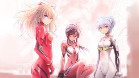 NGE - white, 3 girl, rei, pink, red, suit, asuka