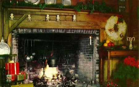 Old Christmas Fireplace - red, kitchen fireplace, tableware, beautiful, flowers, christmas decoration, fire, old, table, chear