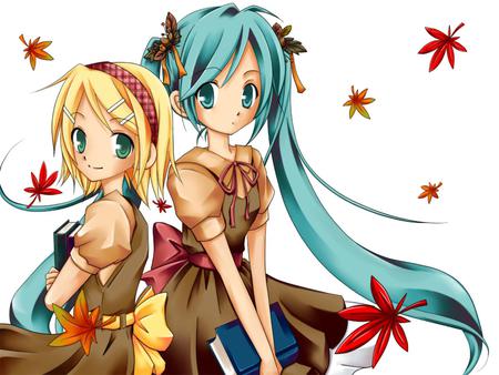 Hatsune Miku & Kagamine Rin - pretty, brown, uniform, rin, yellow hair, nice, program, beauty, virtual, school uniform, white, cute, aqua eyes, 3d, song, vocaloid, anime, yellow, twintail, school, dress, hatsune miku, books, leaves, music, aqua, kagamine rin, hd, idol, anime girl, kagamine, beautiful, singer, girl, cool, black, miku, awesome, diva, aqua hair, hatsune, vocaloids