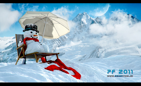 Happy Holidays! - clouds, abstract, snowman, winter, blue, 2011, snow, north pole, beauty, holidays, chair, popular, white, umbrella, red, sky