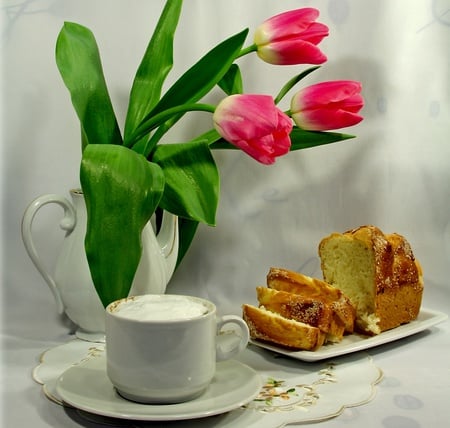 Tulips - pretty, milk, cream, delicious, pink, flowers, yummy, nice, cake, vase, beautiful, coffee, photography, beauty, colors, lovely, still life, tea time, sweet, cappuccino, tulip, colorful, white, tulips, nature, coffee time, cup