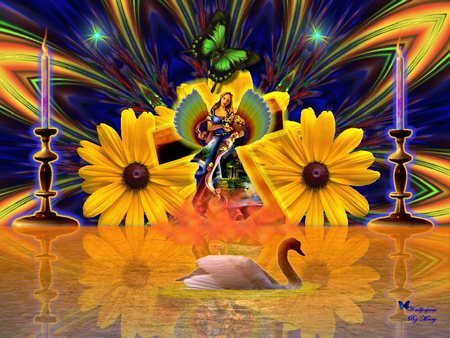 Heavenly Angel - swan, sunflowers, heavenly, angel, candles, fantasy, other