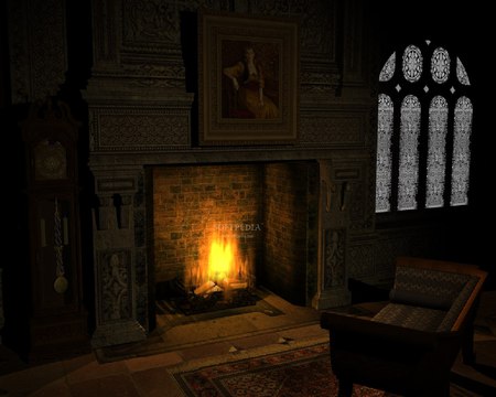 Old Fireplace - stone fireplace, chear, fire, beautiful, window, painting, old, castle room