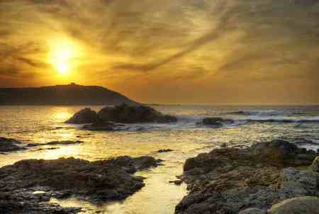 Golden Sunset - clouds, ocean, mountain, glow, sunset, nature, golden, sky, rocks